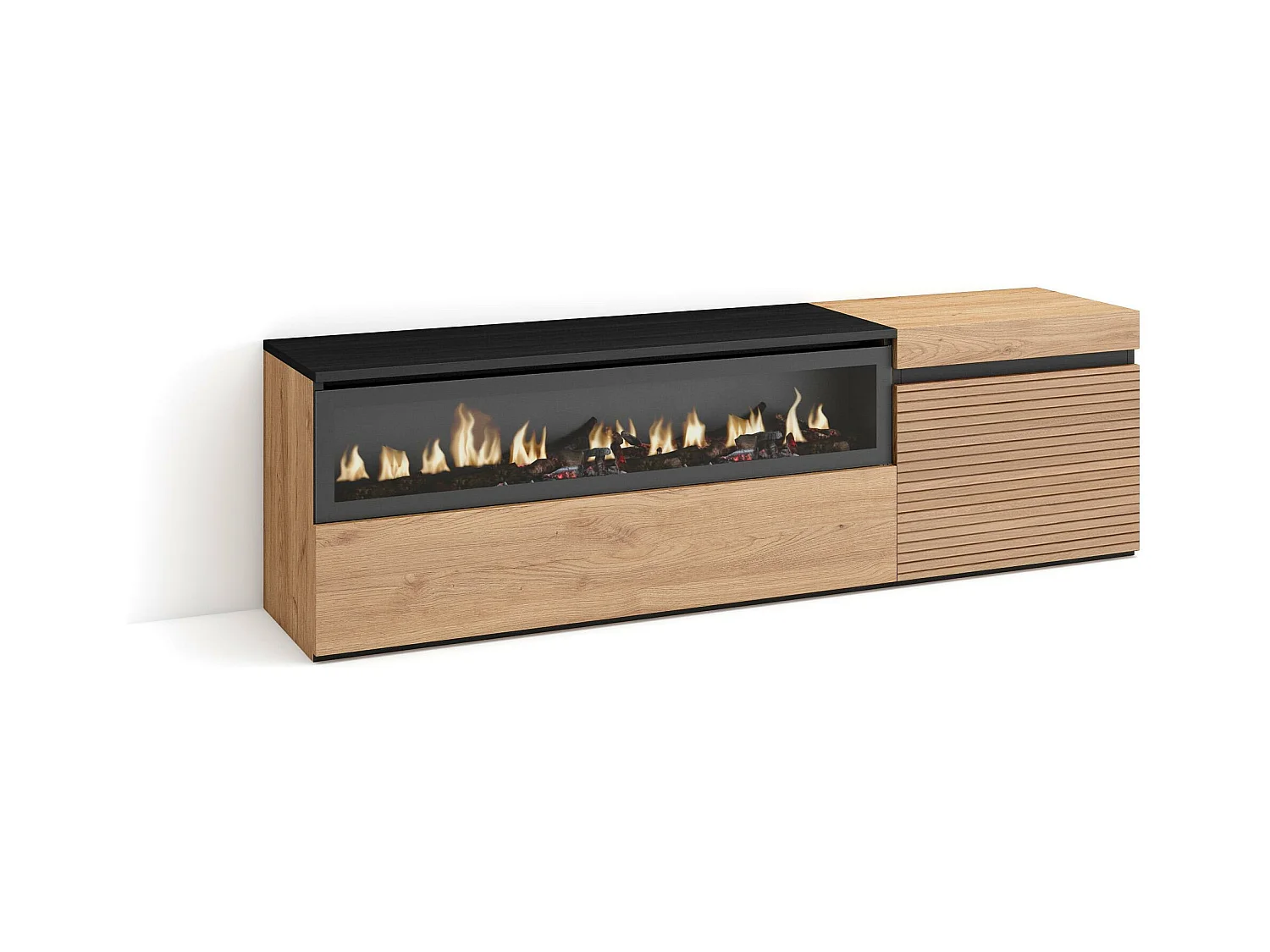 Meuble TV | Banc Télé, 150x35x45cm, Pour les TV jusqu'à 65", Cheminée électrique, Chêne