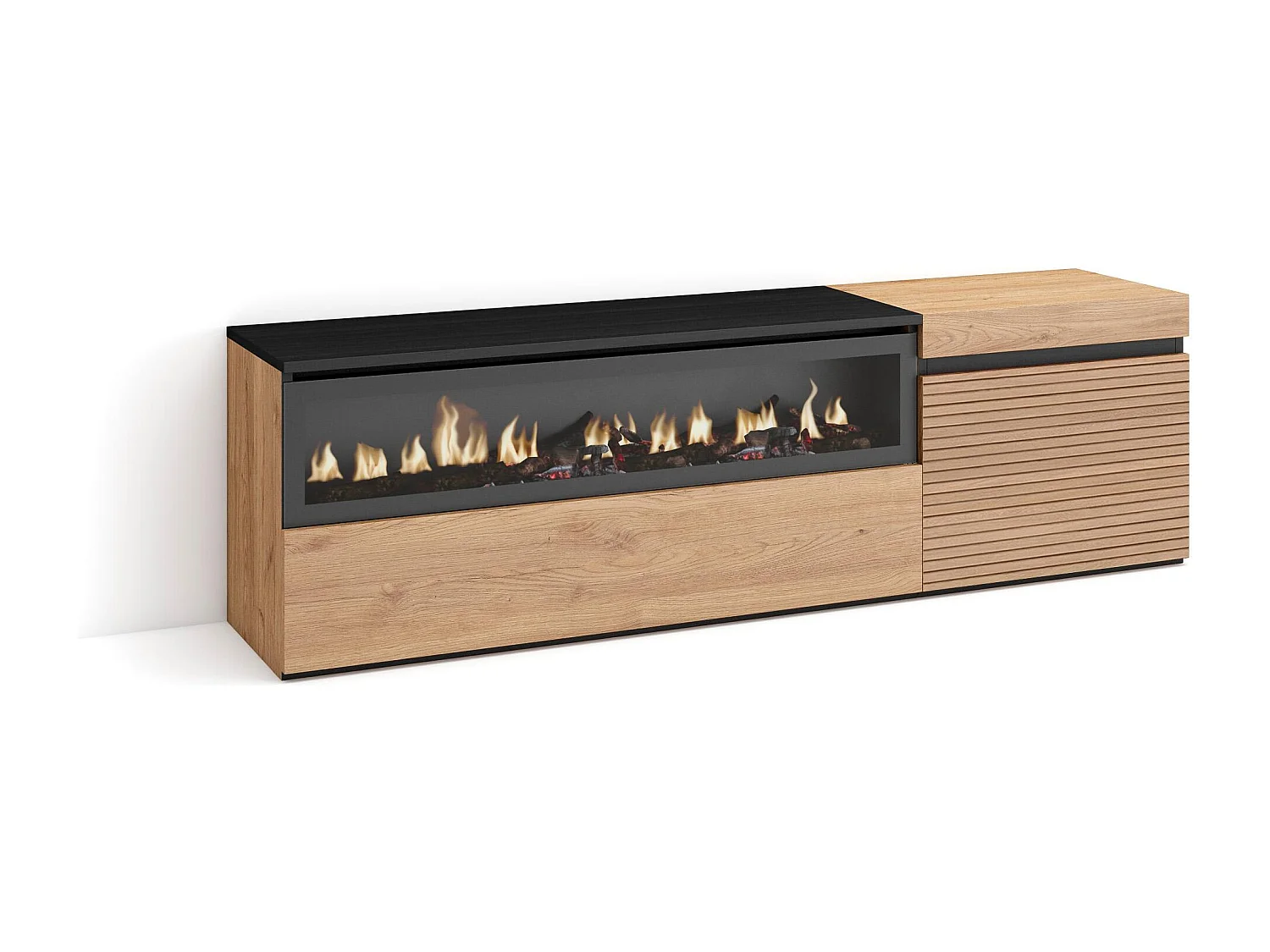 Meuble TV | Banc Télé, 150x35x45cm, Pour les TV jusqu'à 65", Cheminée électrique, Chêne