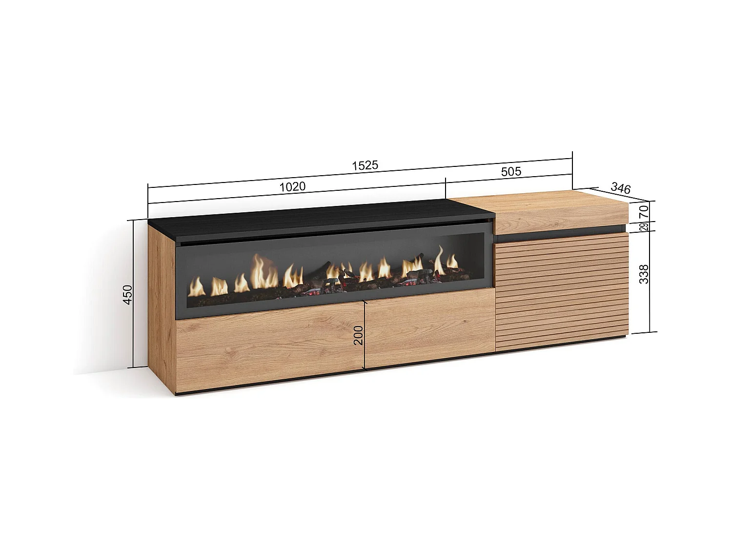 Meuble TV | Banc Télé, 150x35x45cm, Pour les TV jusqu'à 65", Cheminée électrique, Chêne