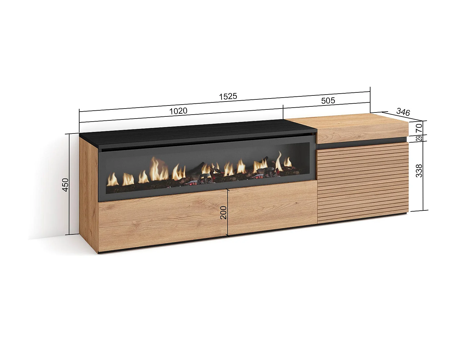 Meuble TV | Banc Télé, 150x35x45cm, Pour les TV jusqu'à 65", Cheminée électrique, Chêne