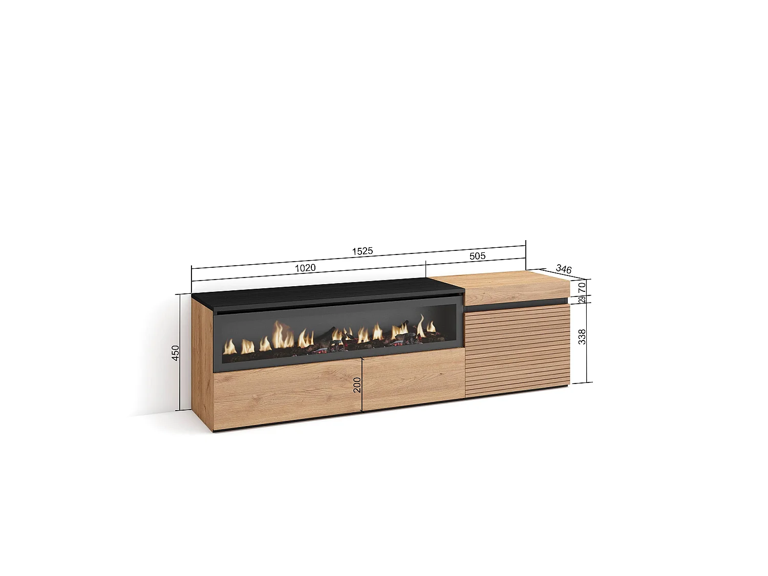 TV-Meubel, Lowboard, 150x35x45cm, Voor tv's tot 65", Elektrische haard, Eiken