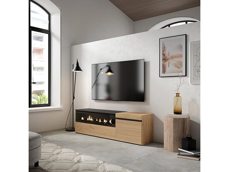 Meuble TV | Banc Télé, 150x35x45cm, Pour les TV jusqu'à 65", Cheminée électrique, Chêne