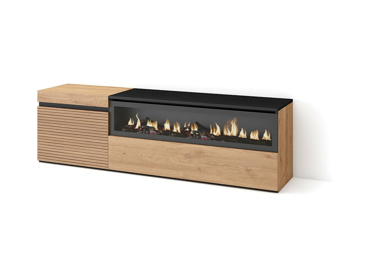 Meuble TV | Banc Télé, 150x35x45cm, Pour les TV jusqu'à 65", Cheminée électrique, Chêne