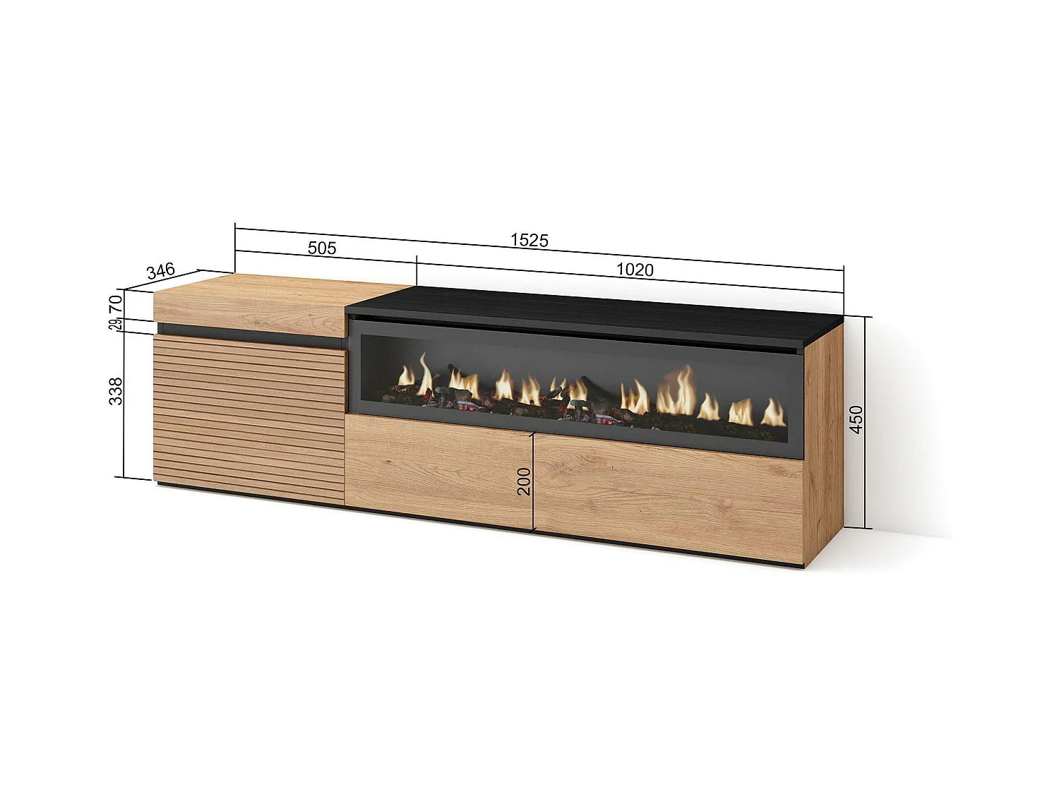 Meuble TV | Banc Télé, 150x35x45cm, Pour les TV jusqu'à 65", Cheminée électrique, Chêne