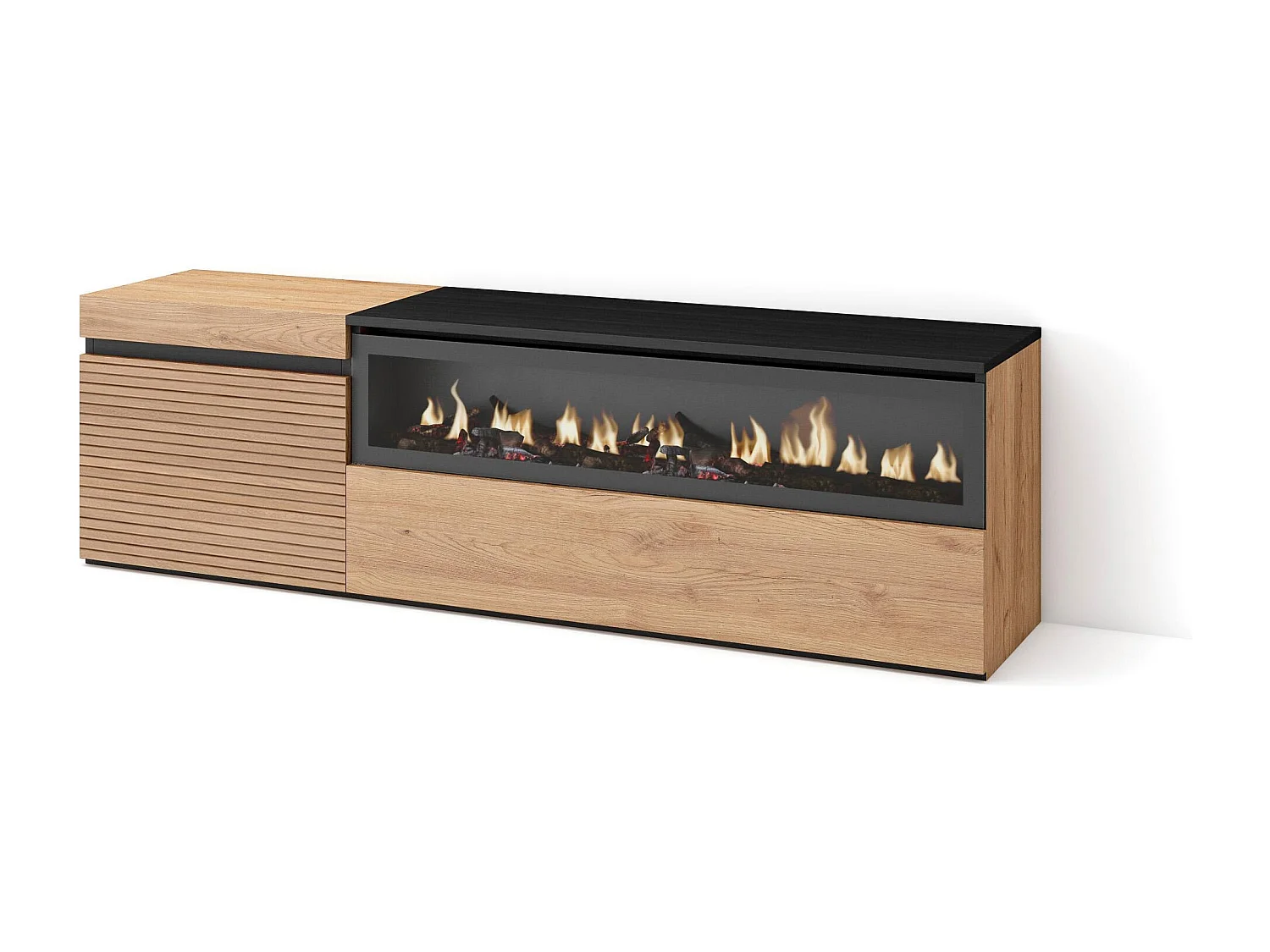 Meuble TV | Banc Télé, 150x35x45cm, Pour les TV jusqu'à 65", Cheminée électrique, Chêne