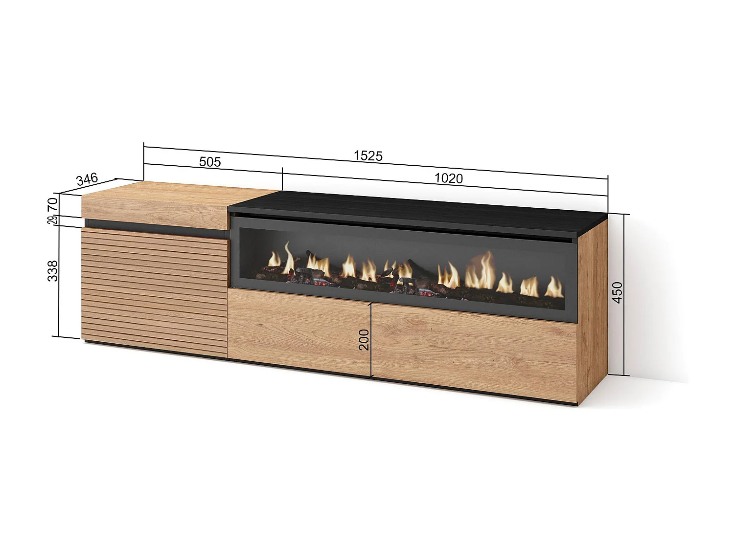 Meuble TV | Banc Télé, 150x35x45cm, Pour les TV jusqu'à 65", Cheminée électrique, Chêne