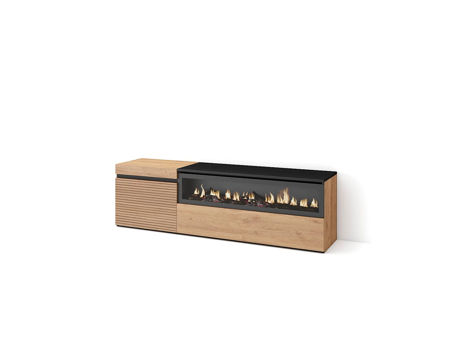 Meuble TV, Banc Télé, 150x35x45cm, Pour les TV jusqu'à 65", Cheminée électrique, Chêne