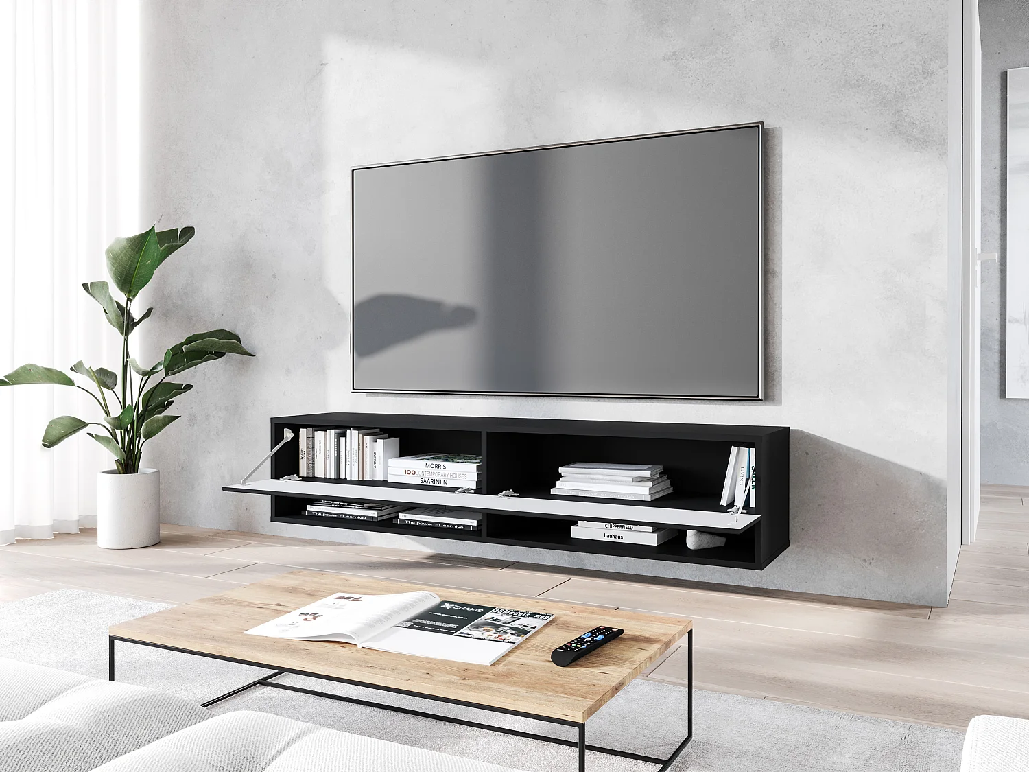 Meuble TV - 140 cm - noir graphite/noir à chevrons - avec LED - WANDER