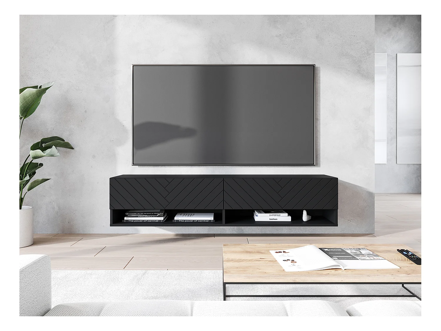 Meuble TV - 140 cm - noir graphite/noir à chevrons - avec LED - WANDER