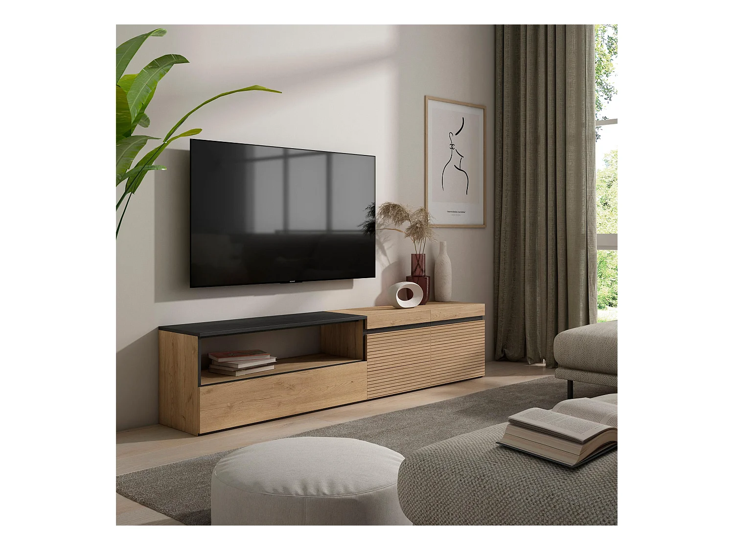 TV-Schrank, Lowboard, 200x45x35cm, Für TV-Geräte bis zu 80", Fernsehtisch, Eiche