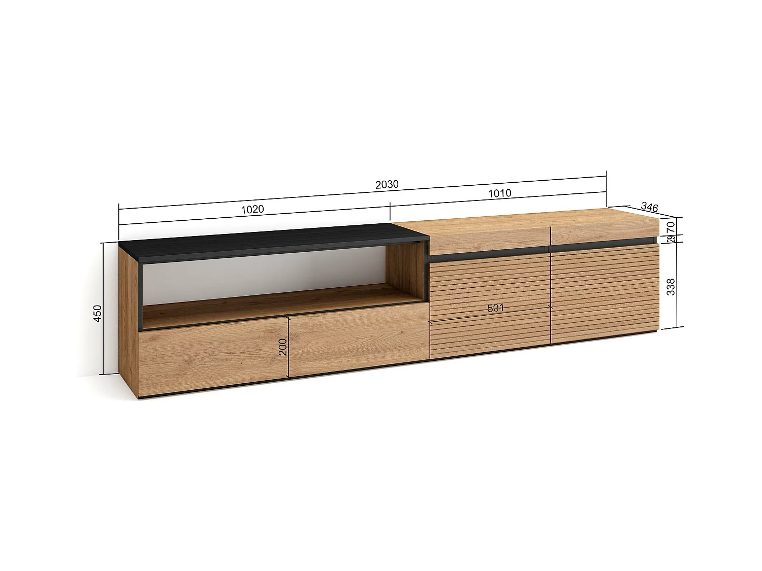 TV-Schrank, Lowboard, 200x45x35cm, Für TV-Geräte bis zu 80", Fernsehtisch, Eiche