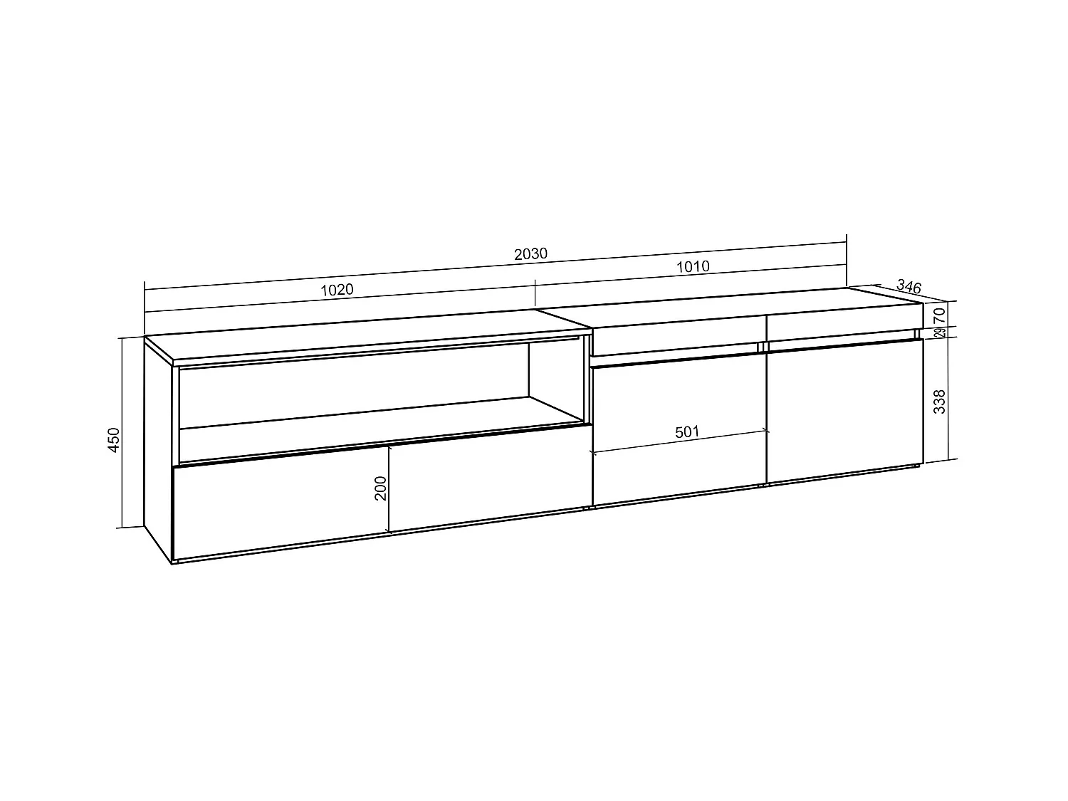 TV-Schrank, Lowboard, 200x45x35cm, Für TV-Geräte bis zu 80", Fernsehtisch, Eiche