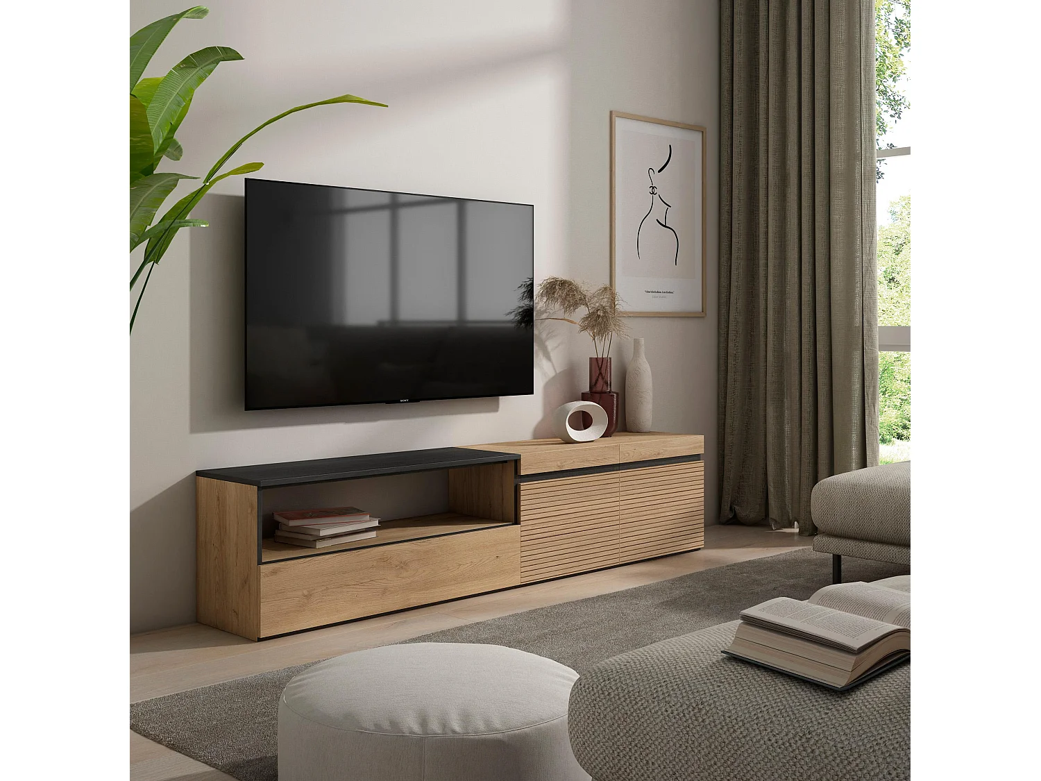 TV-Meubel, Lowboard, 200x45x35cm, Voor tv's tot 80", TV-Tafel, Eiken