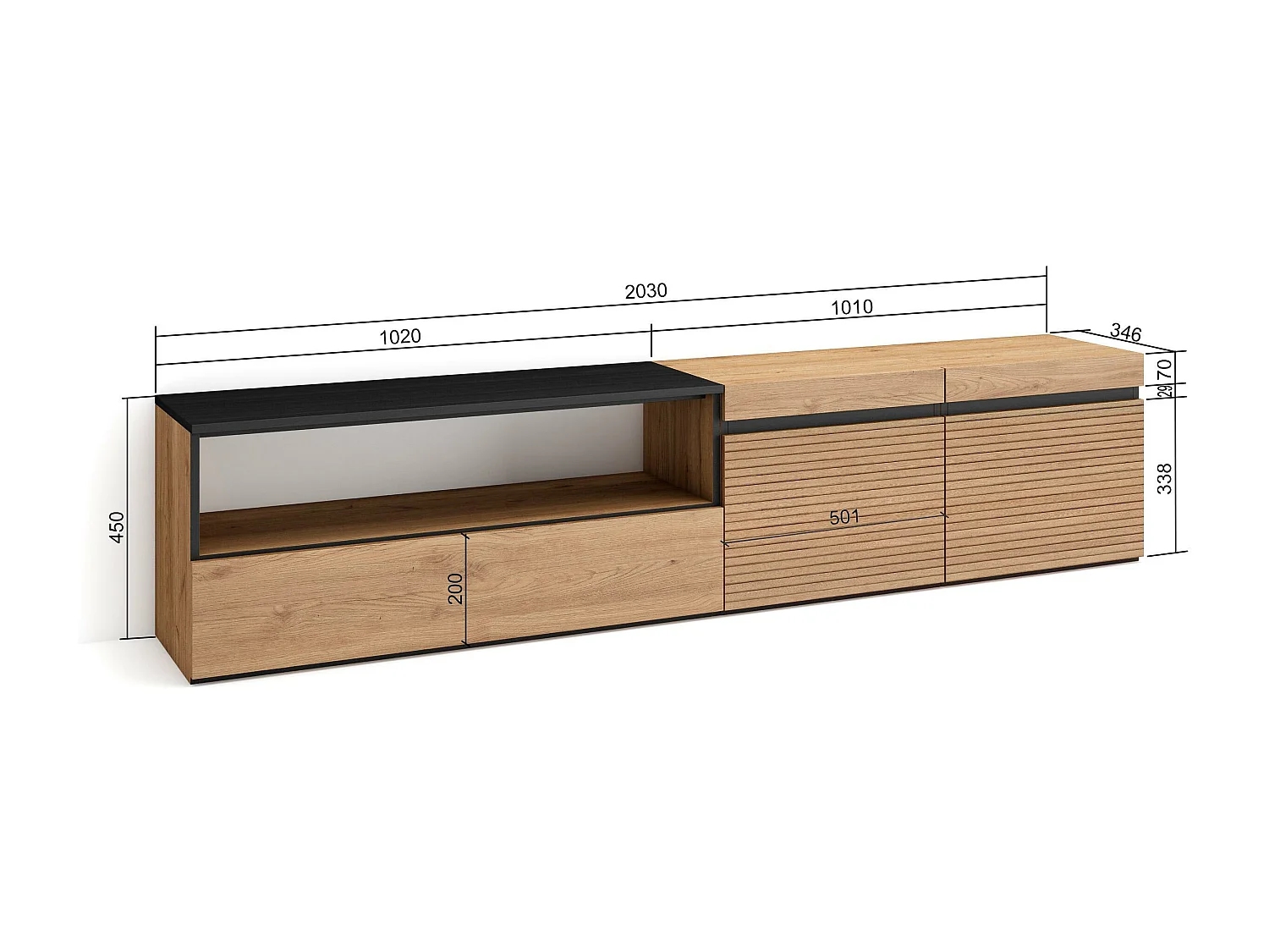 TV-Meubel, Lowboard, 200x45x35cm, Voor tv's tot 80", TV-Tafel, Eiken