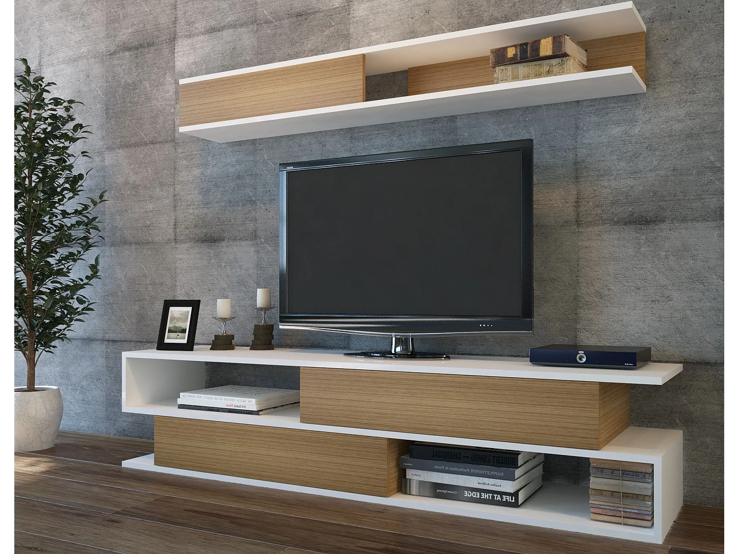 Móvel de TV moderno – 176 x 39 x 31,5 cm – Branco e Teca – Painéis de partículas revestidos a melamina