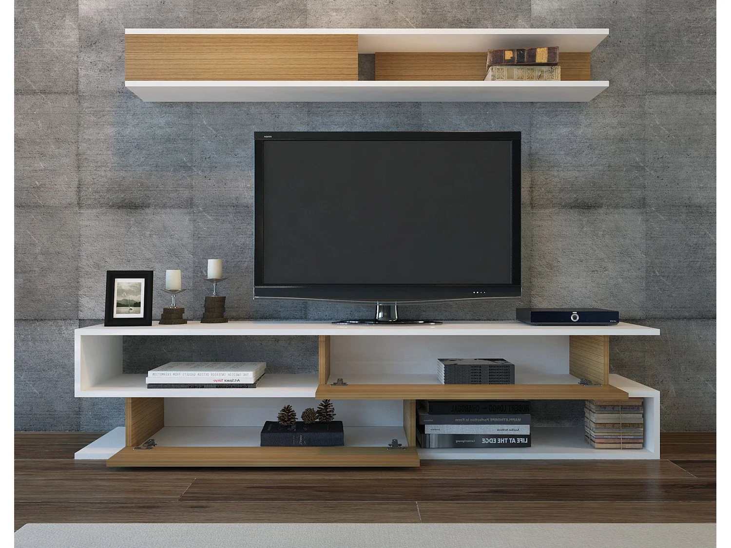 Mobile TV moderno – 176 x 39 x 31,5 cm – Bianco e Teak – Pannello truciolare rivestito in melaminico