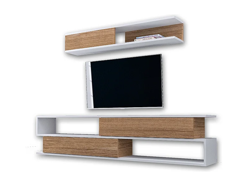 Mobile TV moderno – 176 x 39 x 31,5 cm – Bianco e Teak – Pannello truciolare rivestito in melaminico