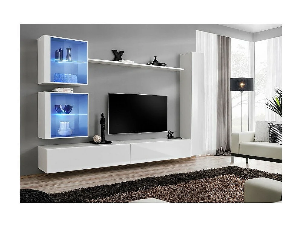 Conjunto de muebles para sala SWITCH XVIII diseño mural, color blanco brillante.