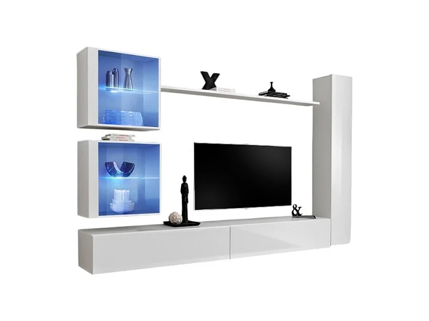 Ensemble meuble salon mural SWITCH XVIII design, coloris blanc brillant.