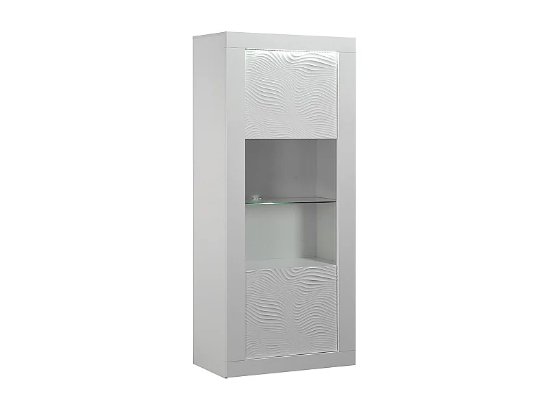 Vitrine avec éclairage à Led 1 porte bois laqué blanc à reliefs Kala 80cm