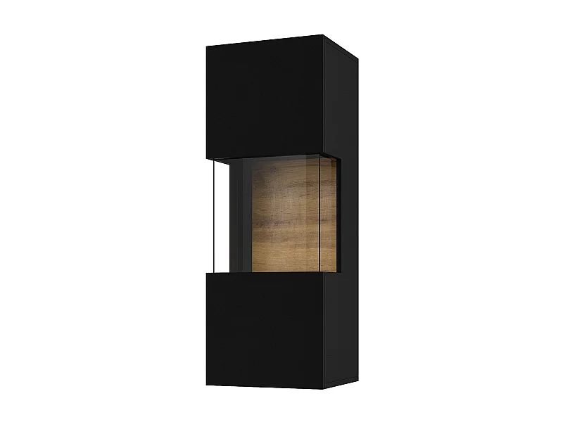 Pequeña vitrina colgante de 1 puerta parcialmente acristalada colección EVA. Color negro y roble.