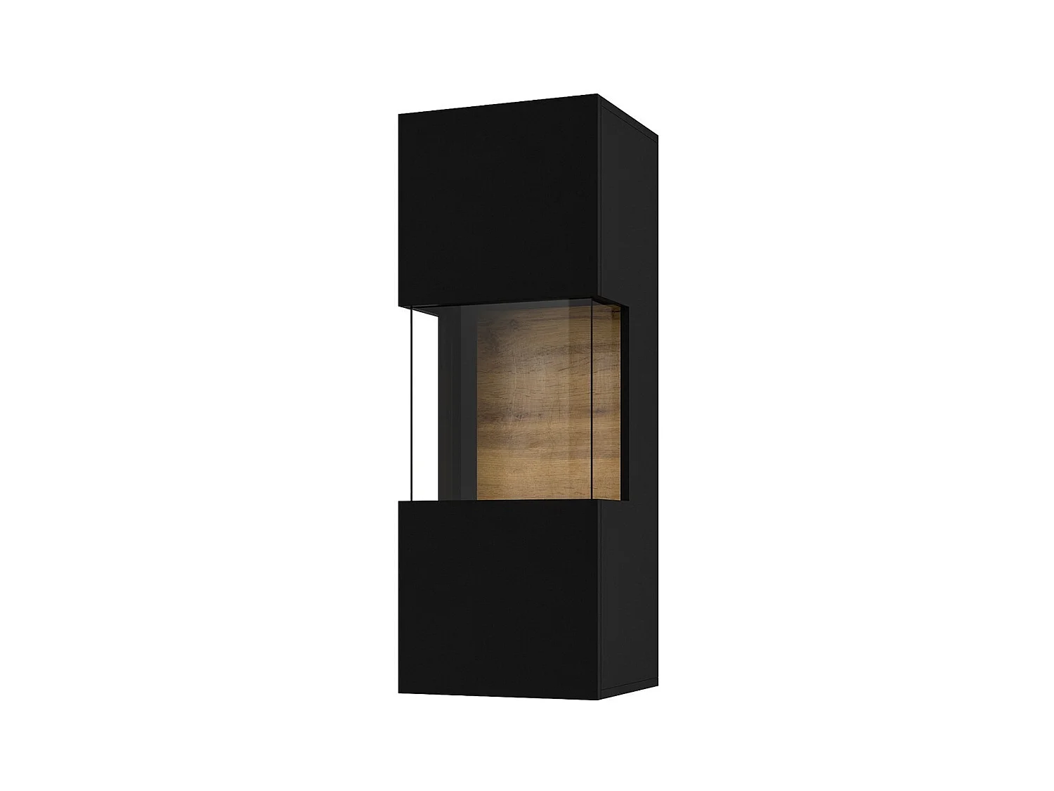 Kleine hangende vitrinekast met 1 gedeeltelijk glazen deur, collectie EVA. Kleur zwart en eiken.