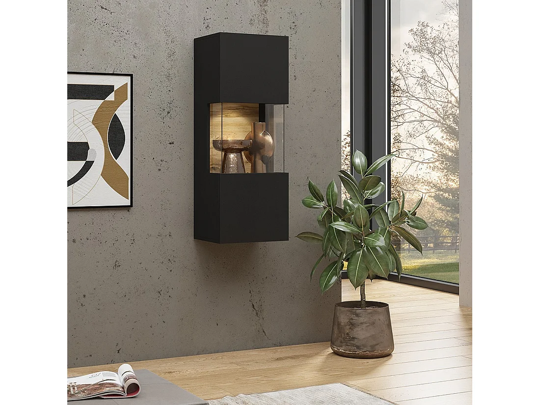 Pequeña vitrina colgante de 1 puerta parcialmente acristalada colección EVA. Color negro y roble.
