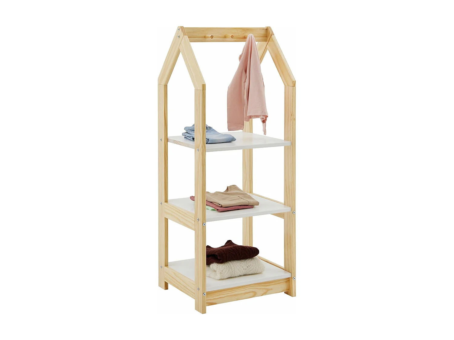 Étagère à vêtement enfant SALLY, garde-robe en pin massif montessori avec 3 étagères, penderie en bois couleur naturelle et blanc