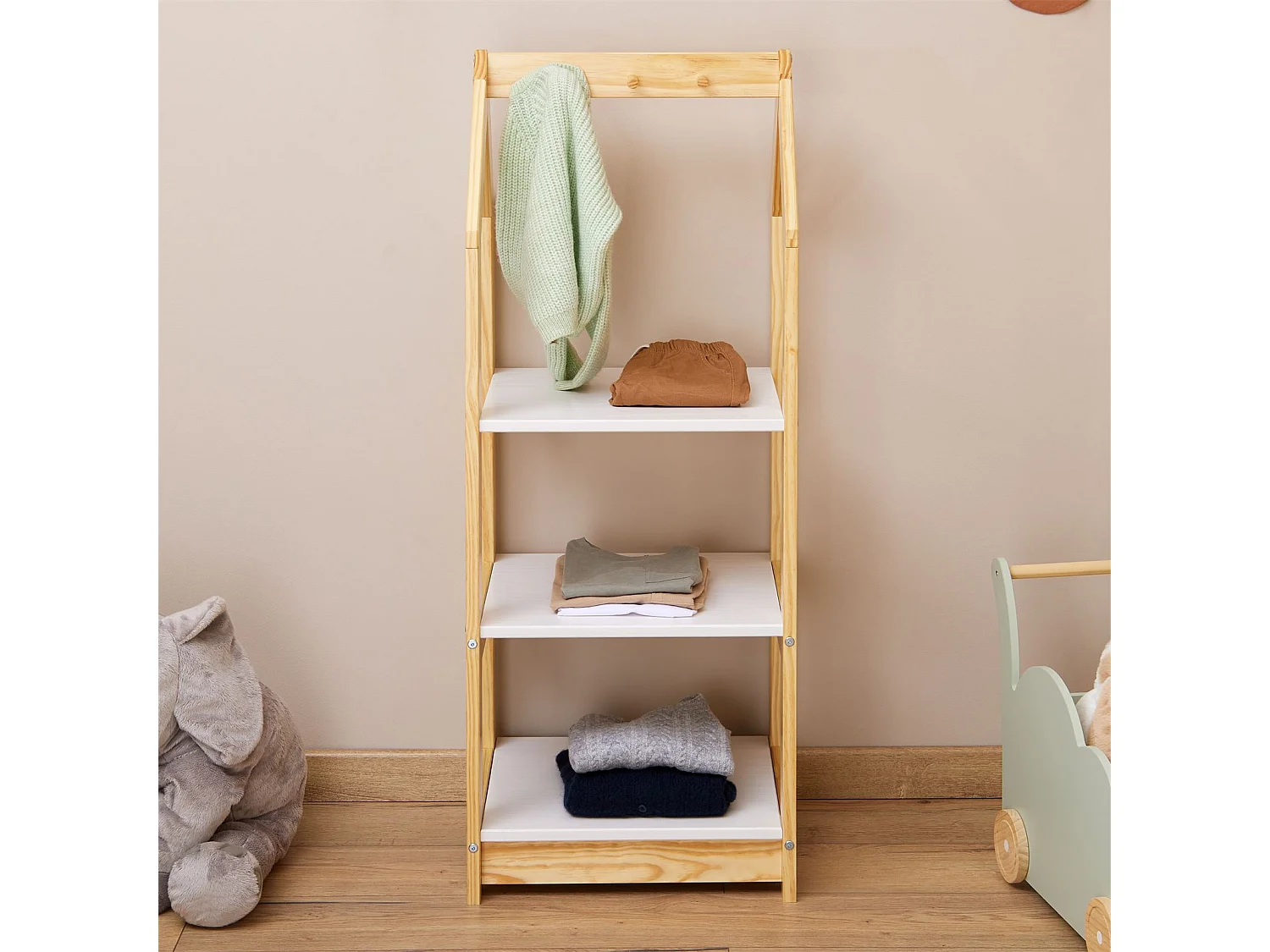 Étagère à vêtement enfant SALLY, garde-robe en pin massif montessori avec 3 étagères, penderie en bois couleur naturelle et blanc