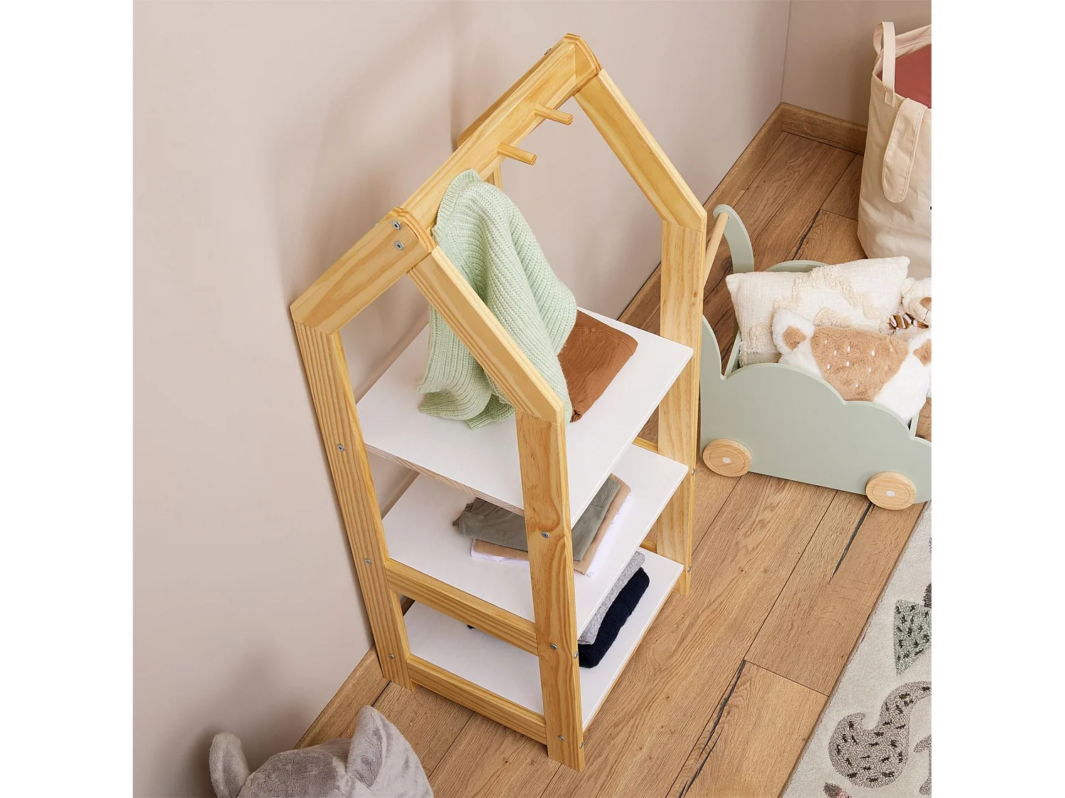 Étagère à vêtement enfant SALLY, garde-robe en pin massif montessori avec 3 étagères, penderie en bois couleur naturelle et blanc