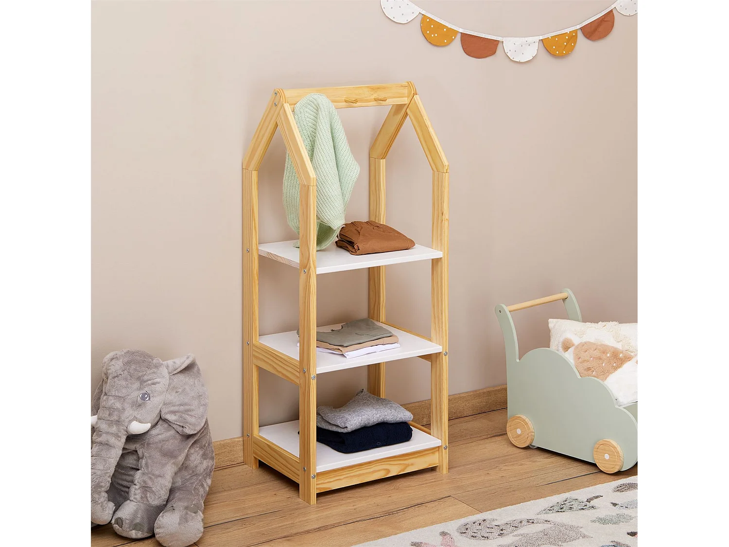 Étagère à vêtement enfant SALLY, garde-robe en pin massif montessori avec 3 étagères, penderie en bois couleur naturelle et blanc