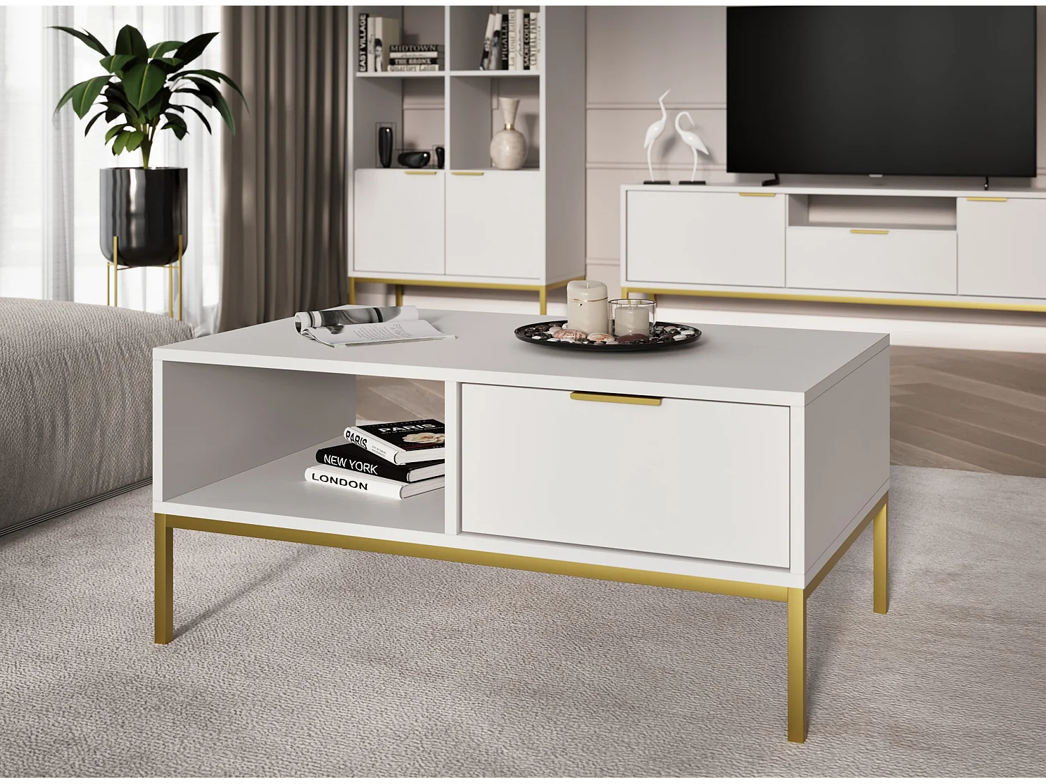 Stolik kawowy AUSTIN 80x60 biały/złoty