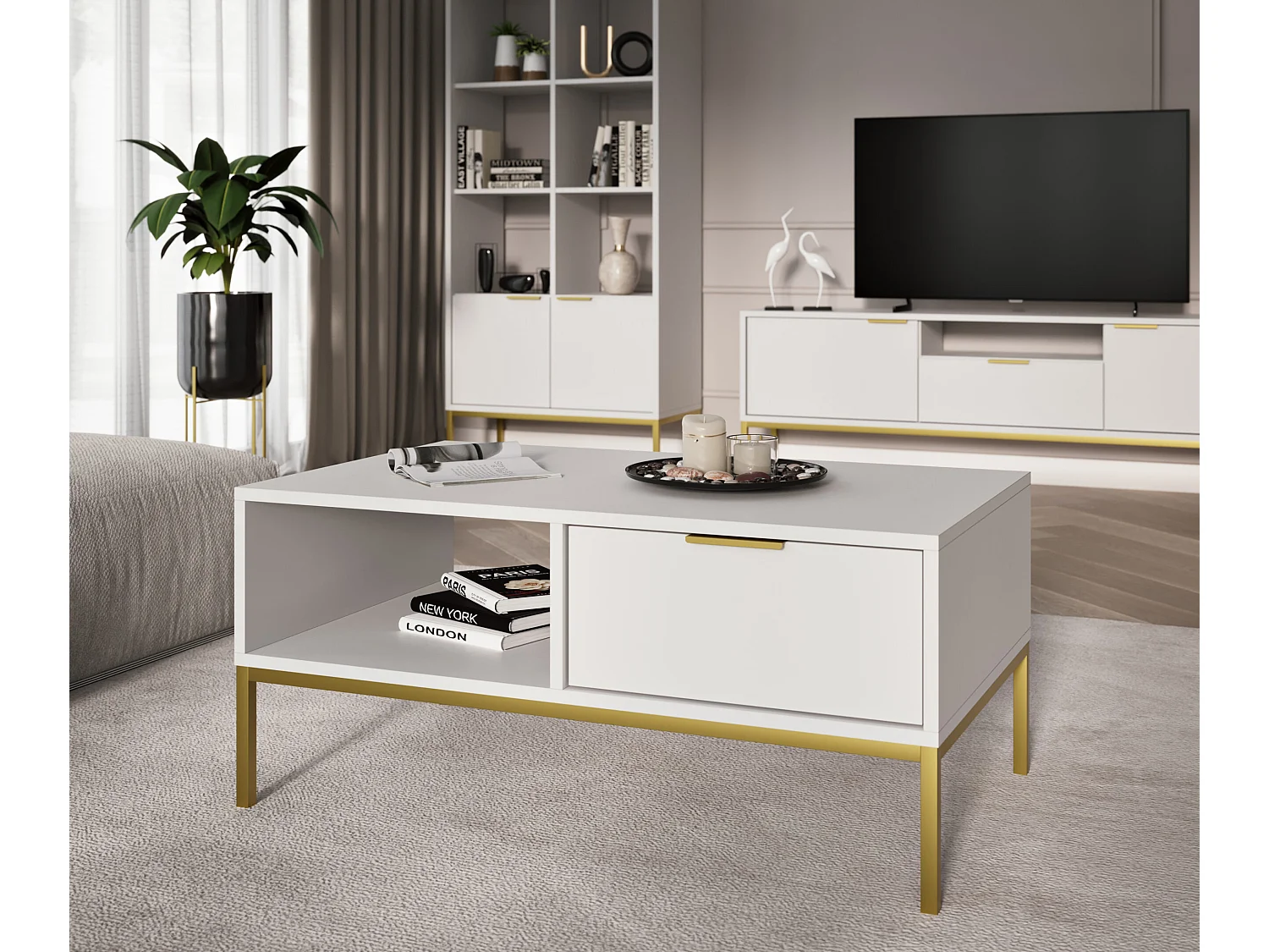 Mesa de centro moderna Kristina-Color Blanco-Anchura 100 cm