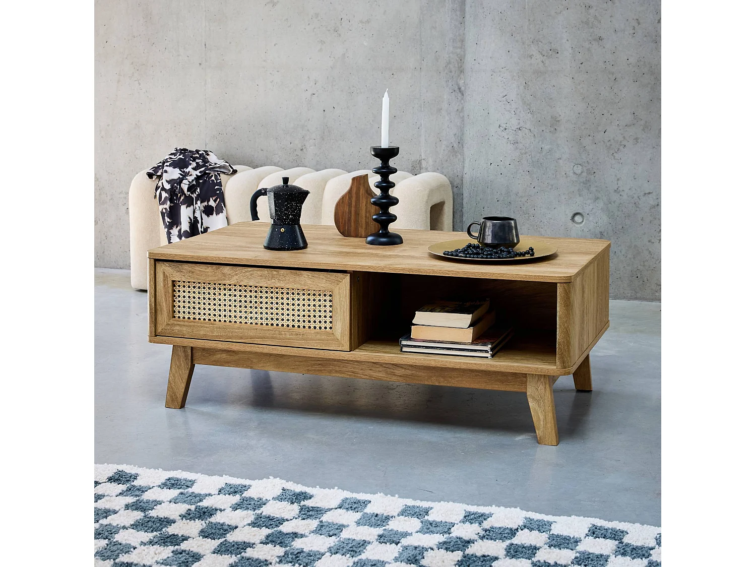 Mesa de centro con puerta corredera, 2 nichos, efecto madera y caña