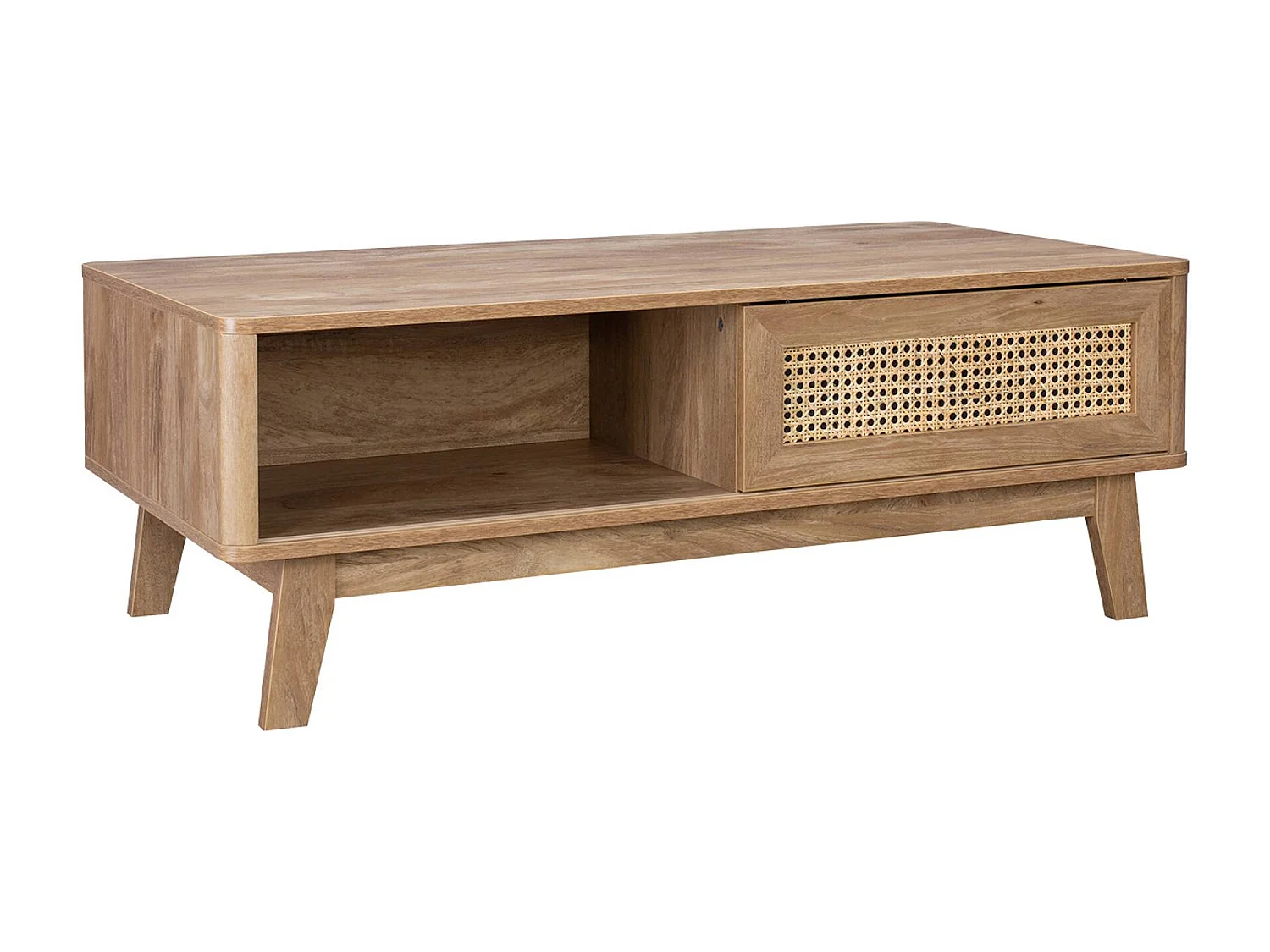 Mesa de centro con puerta corredera, 2 nichos, efecto madera y caña