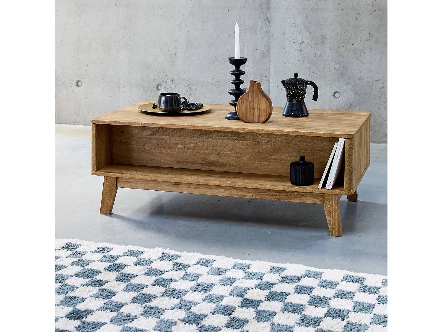 Mesa de centro con puerta corredera, 2 nichos, efecto madera y caña