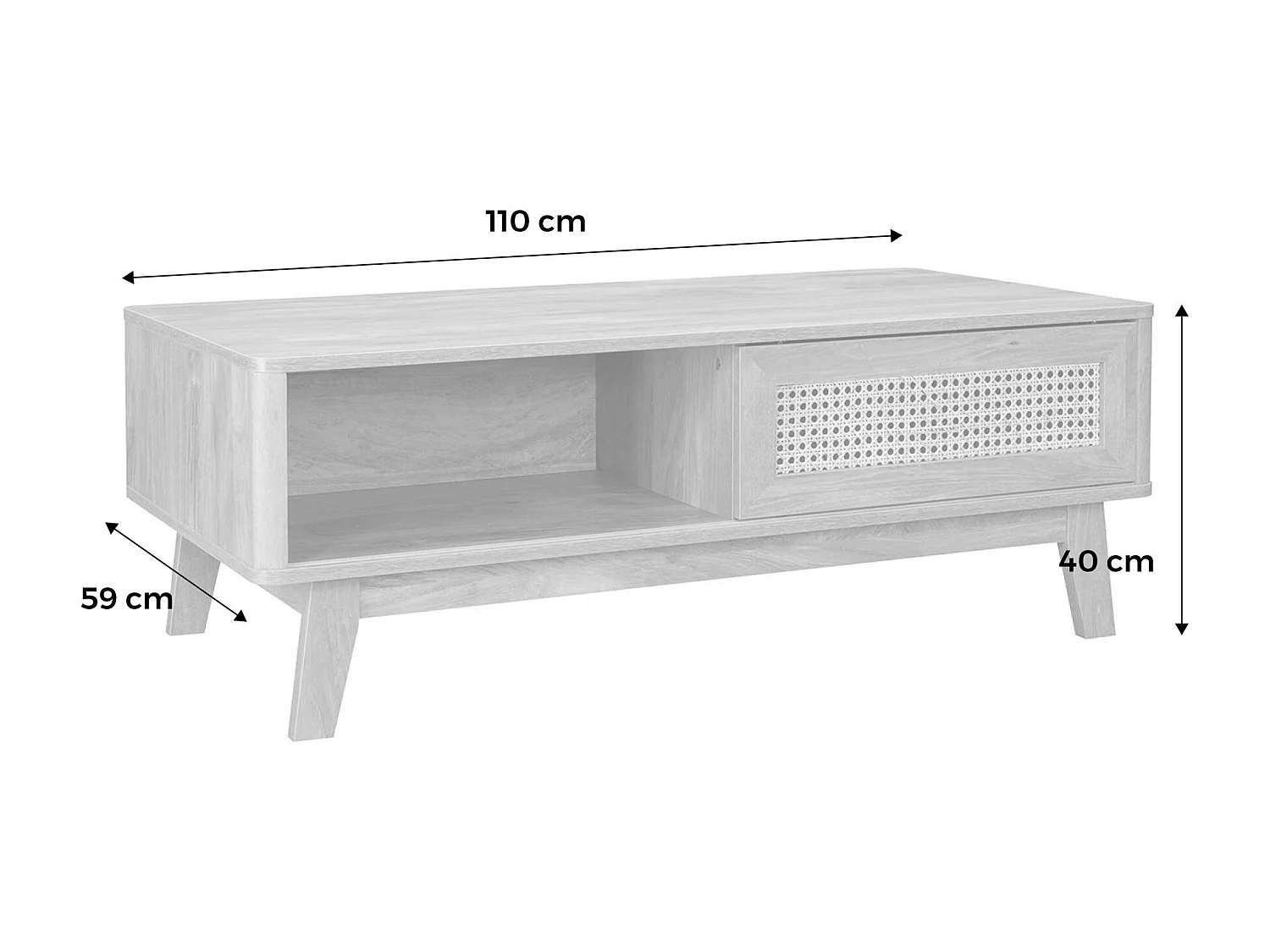 Mesa de centro con puerta corredera, 2 nichos, efecto madera y caña