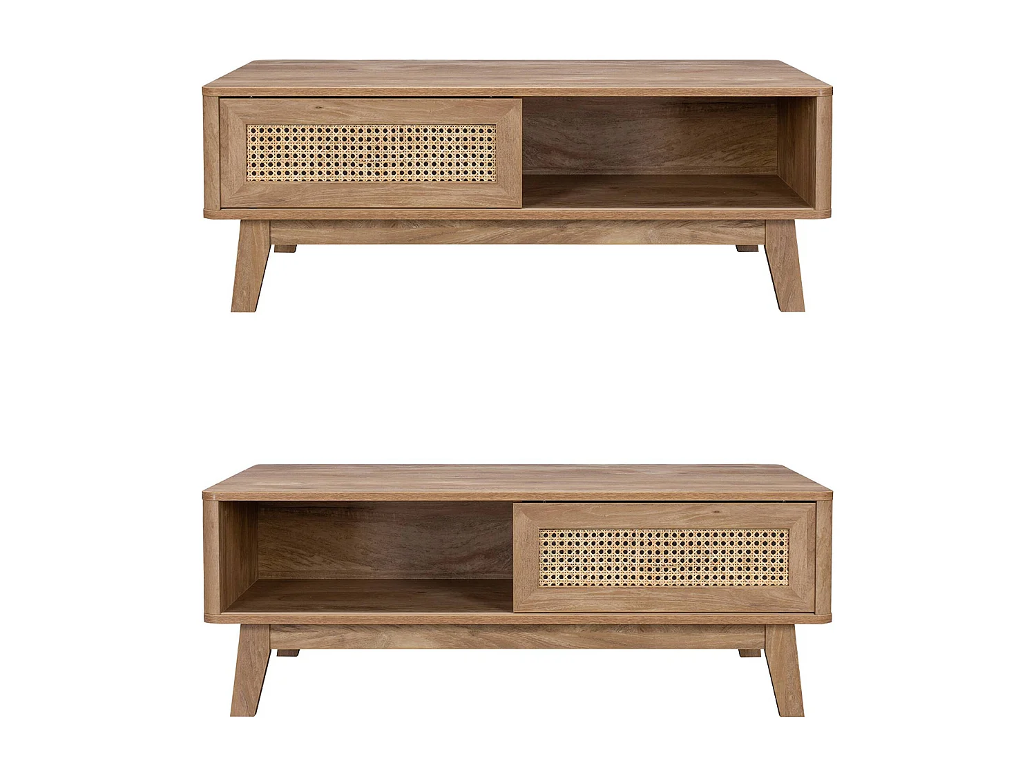 Mesa de centro con puerta corredera, 2 nichos, efecto madera y caña