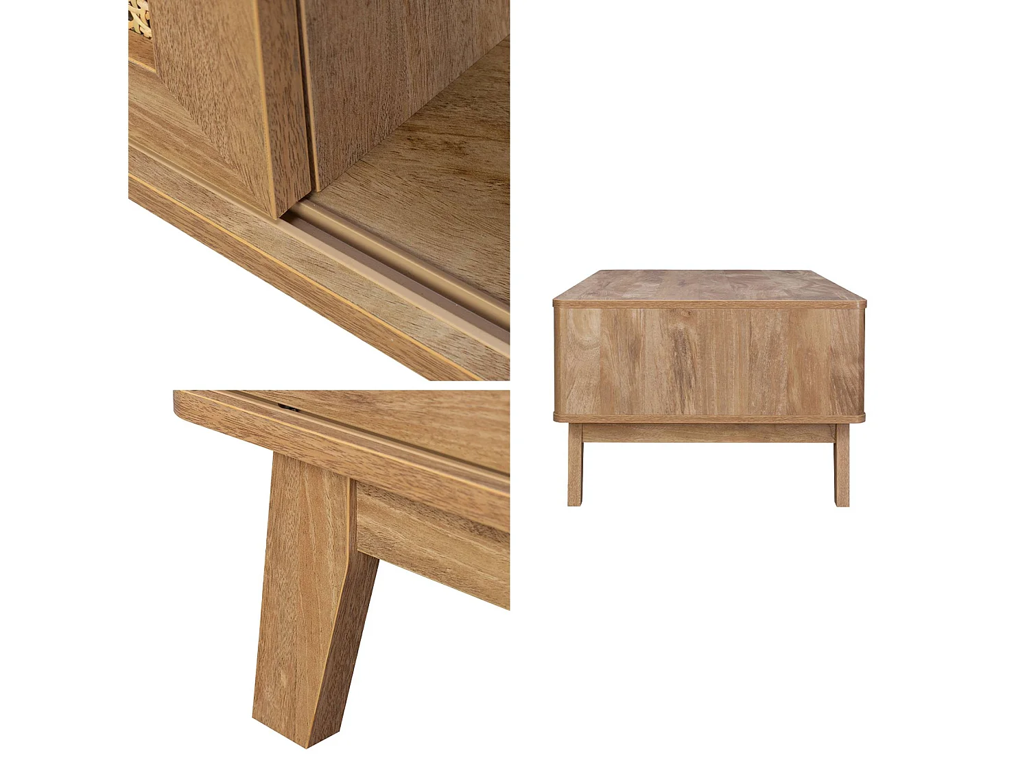 Mesa de centro con puerta corredera, 2 nichos, efecto madera y caña