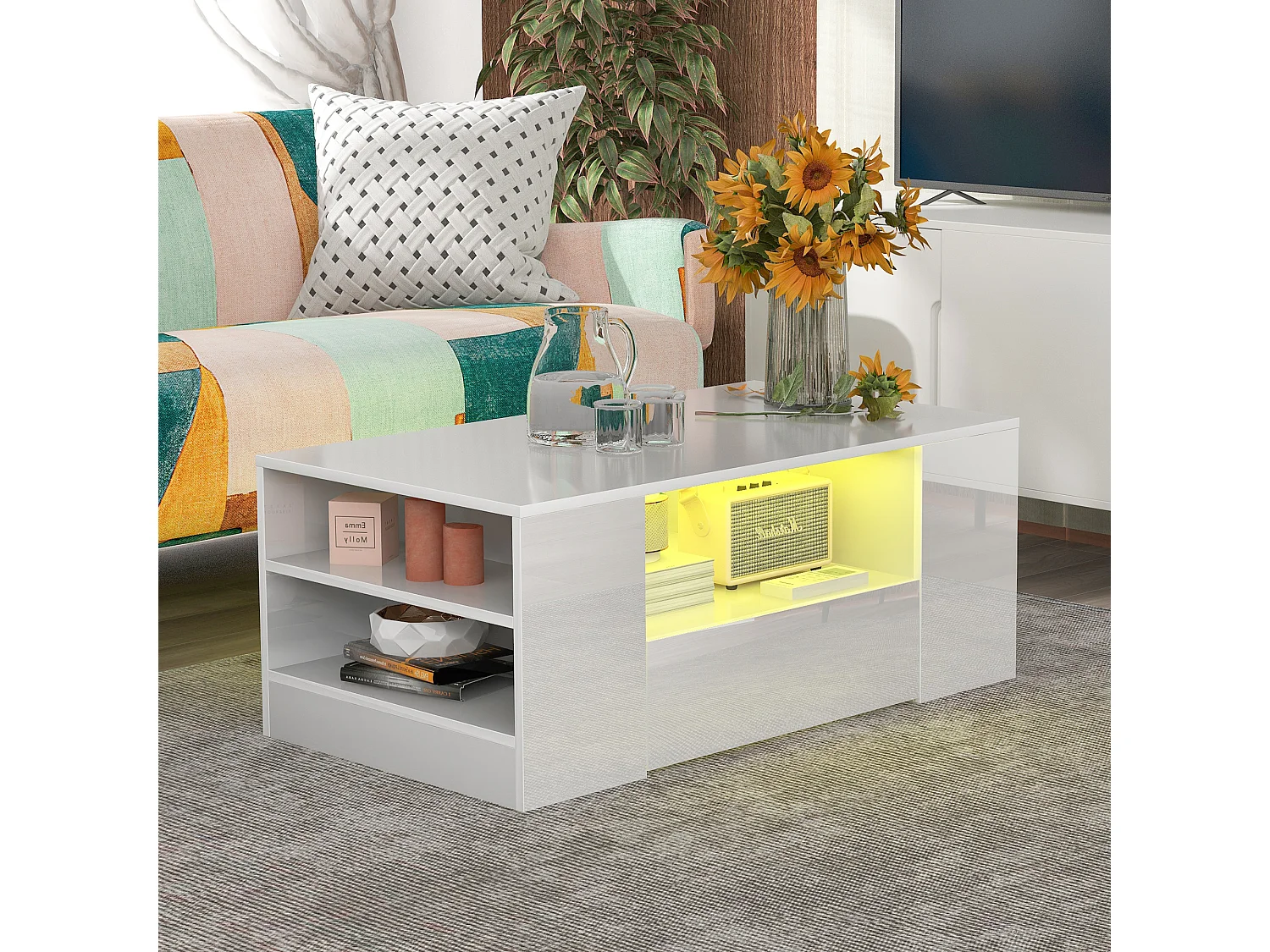 URBAN MEUBLE Table basse moderne meubles de salon haute brillance 2 tiroirs et 2 étagères 95 x 53 x 37 cm