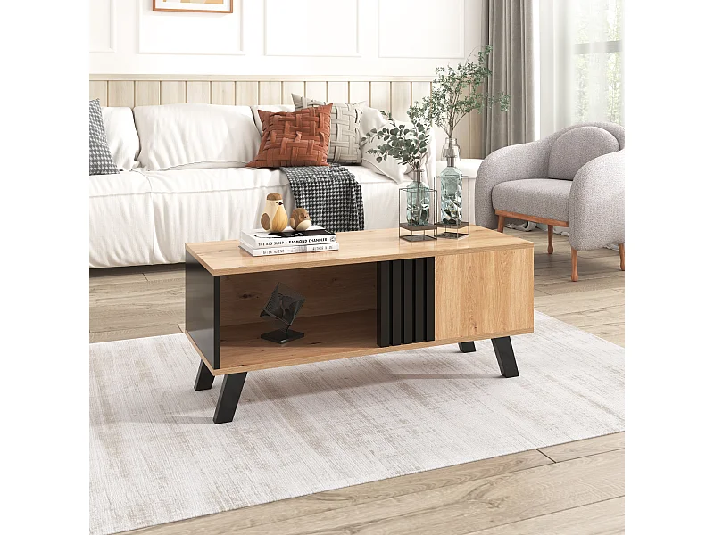 Table basse rectangulaire industriel effet bois et noir rangement 3 cotés 100x60x43cm TRONNEALL