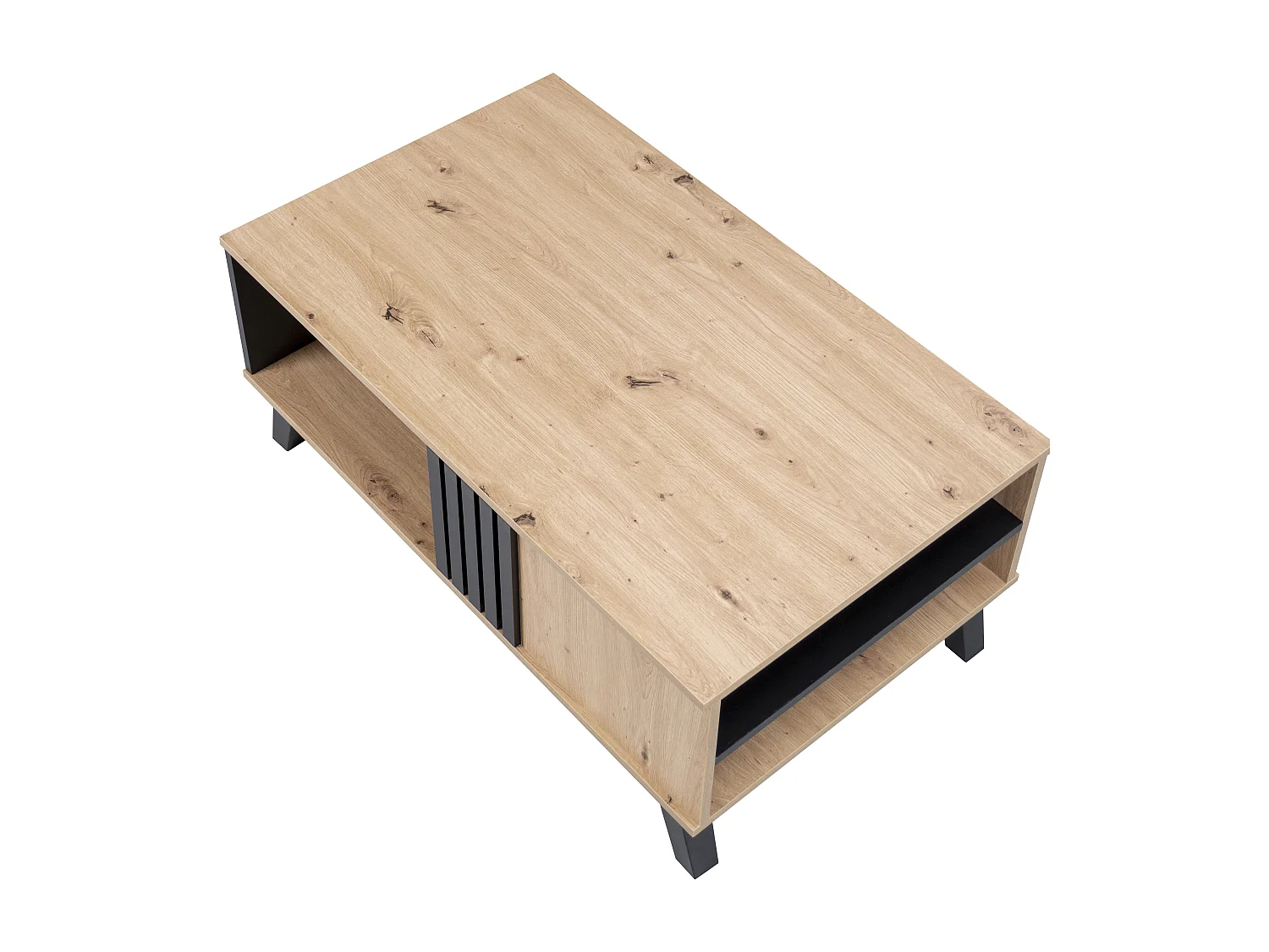 Table basse rectangulaire industriel effet bois et noir rangement 3 cotés 100x60x43cm TRONNEALL