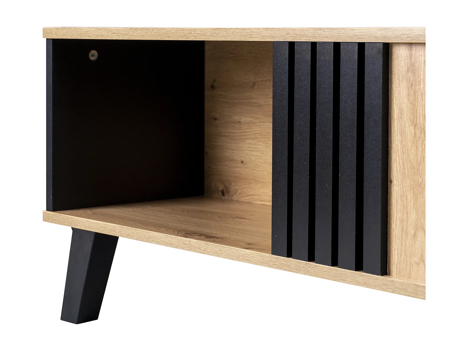 Table basse rectangulaire industriel effet bois et noir rangement 3 cotés 100x60x43cm TRONNEALL