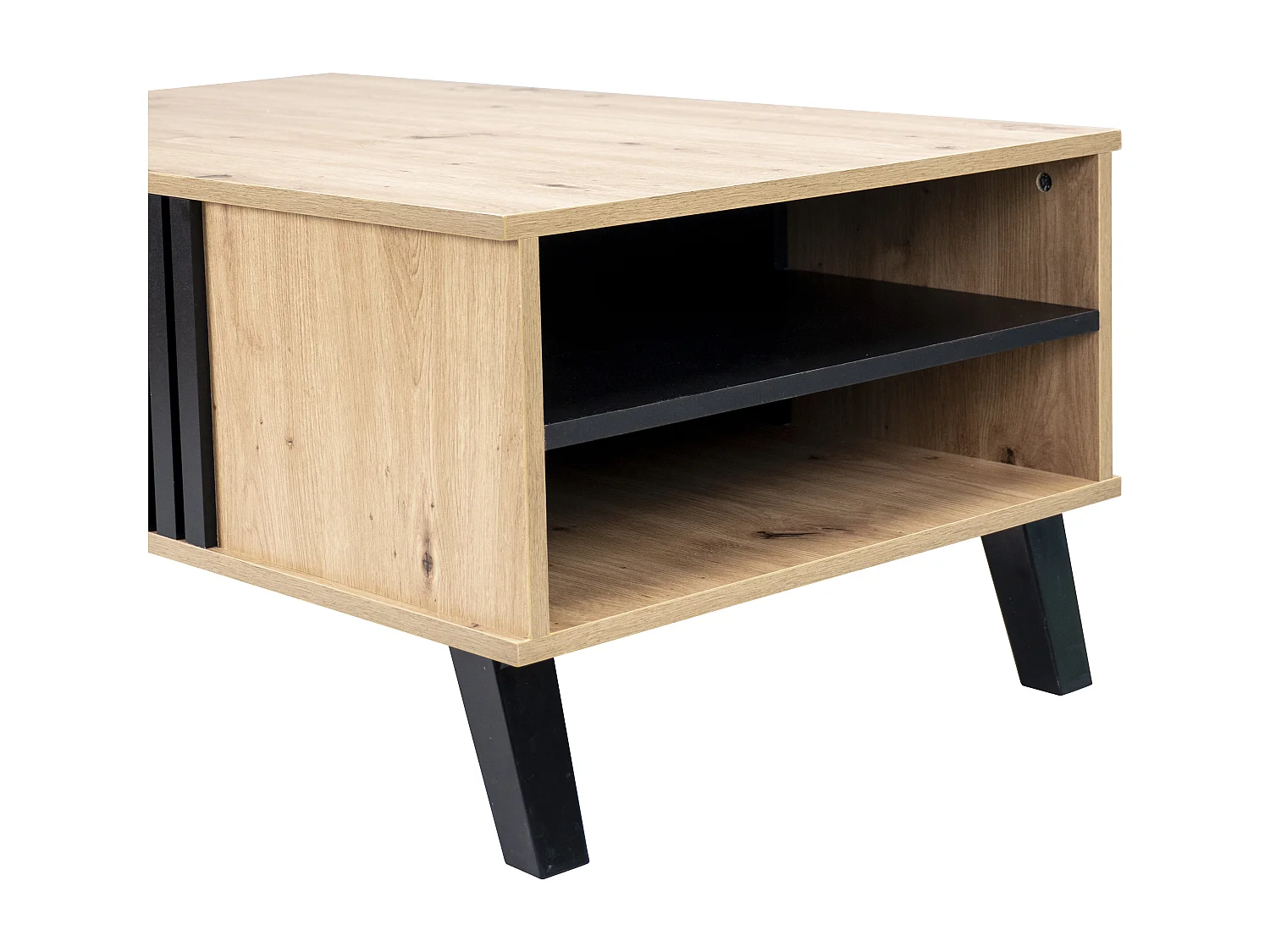 Table basse rectangulaire industriel effet bois et noir rangement 3 cotés 100x60x43cm TRONNEALL