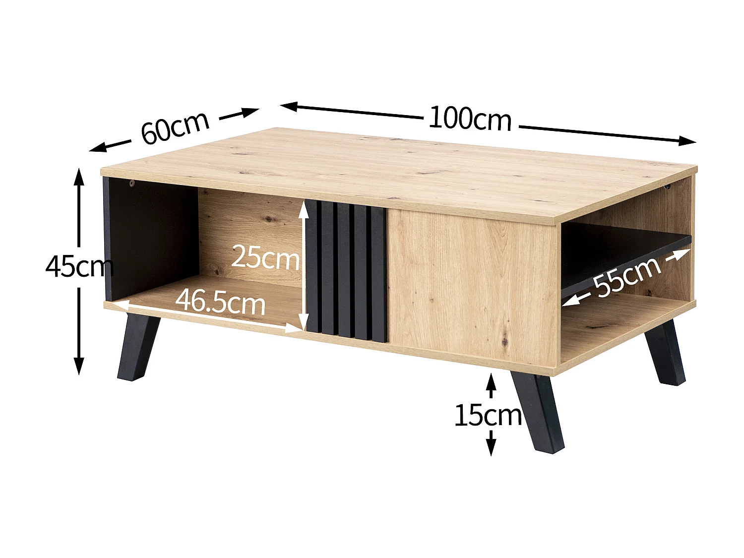 Table basse rectangulaire industriel effet bois et noir rangement 3 cotés 100x60x43cm TRONNEALL