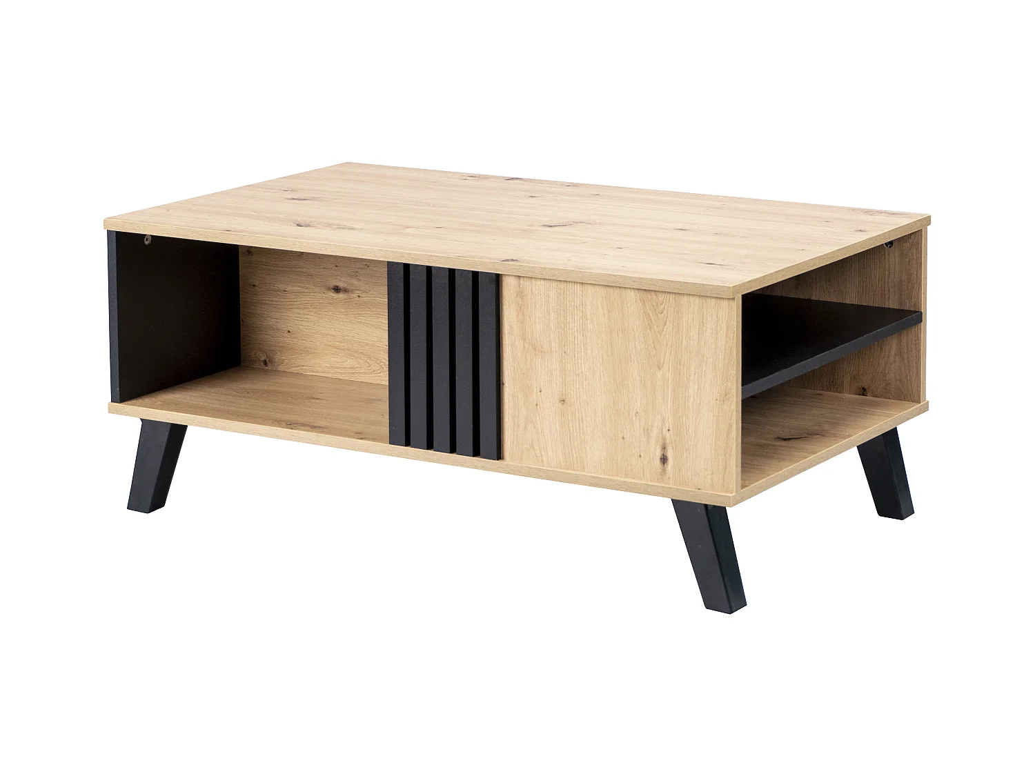 Table basse rectangulaire industriel effet bois et noir rangement 3 cotés 100x60x43cm TRONNEALL