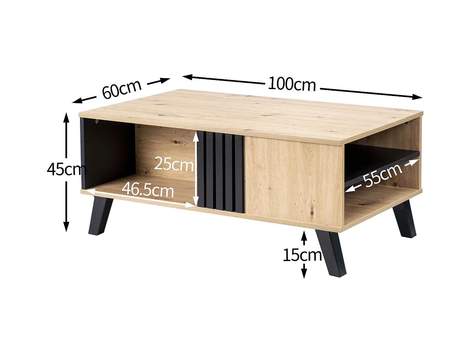 Table basse rectangulaire industriel effet bois et noir rangement 3 cotés 100x60x43cm TRONNEALL