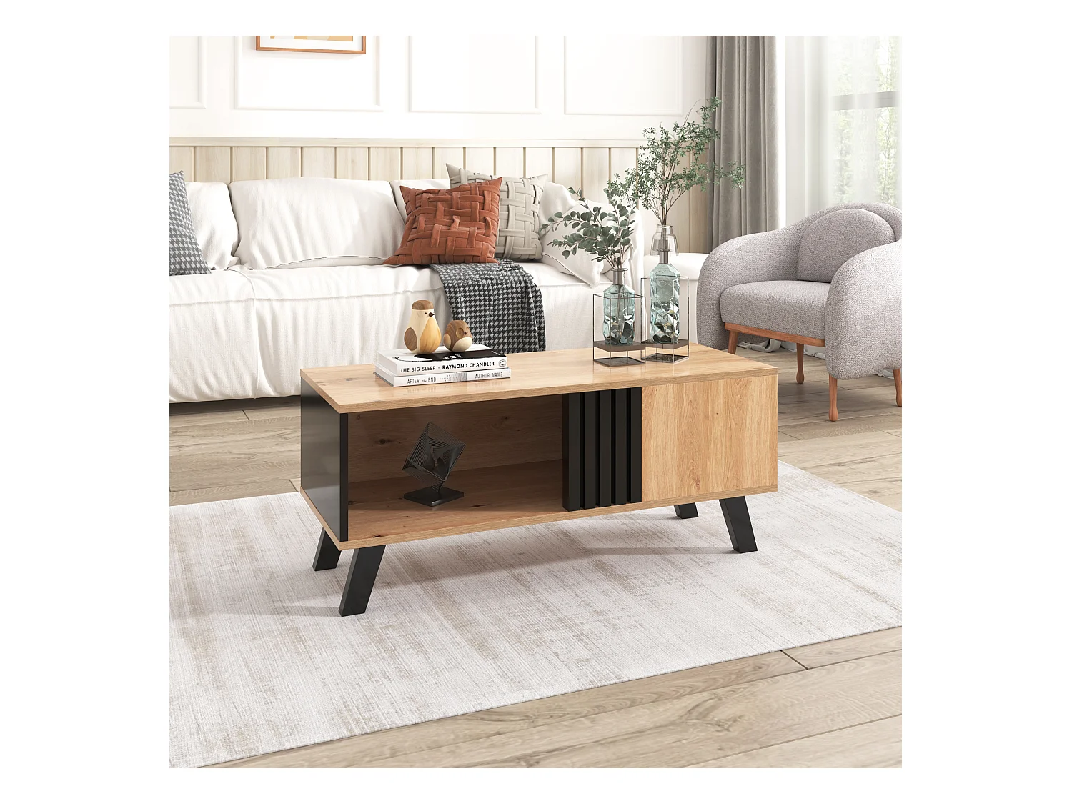 Table basse rectangulaire industriel effet bois et noir rangement 3 cotés 100x60x43cm TRONNEALL