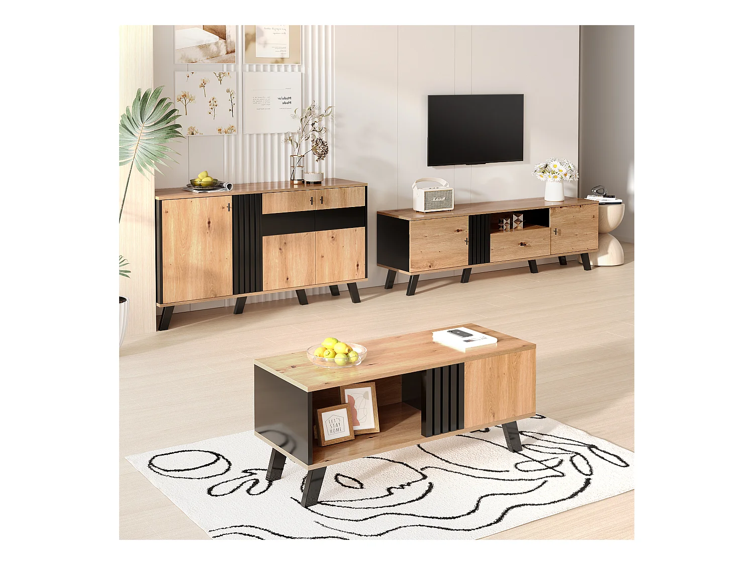 Table basse rectangulaire industriel effet bois et noir rangement 3 cotés 100x60x43cm TRONNEALL
