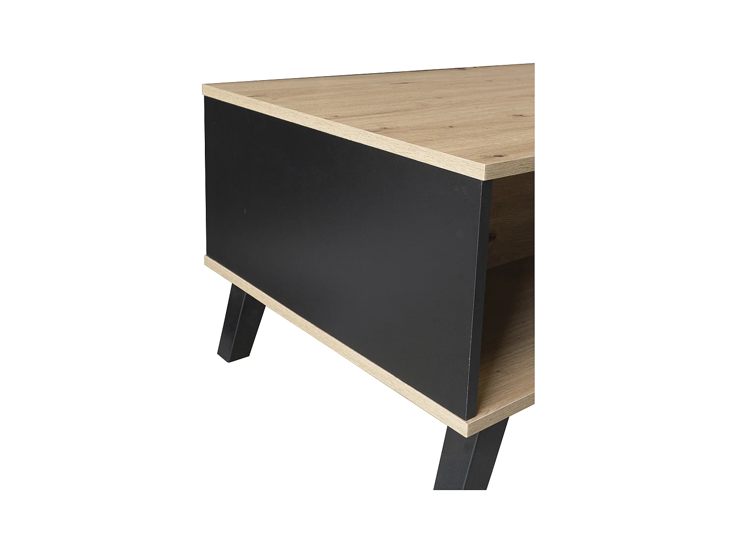 Table basse rectangulaire industriel effet bois et noir rangement 3 cotés 100x60x43cm TRONNEALL